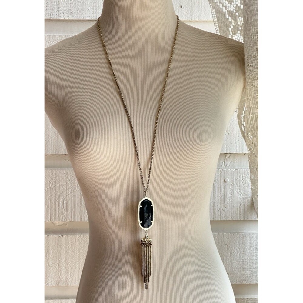 Kendra Scott Rayne Black Onyx Long Tassel Pendant Necklace Yellow Gold Plated